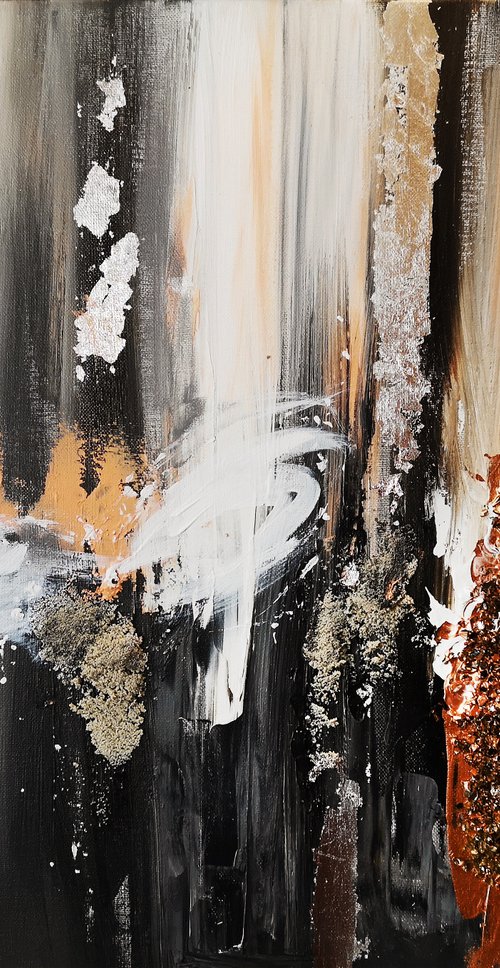Lines Painting, Canvas Impasto Black White Gold by Annet Loginova