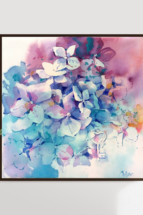 "Hydrangea in romantic color" original watercolor artwork by Ksenia Selianko