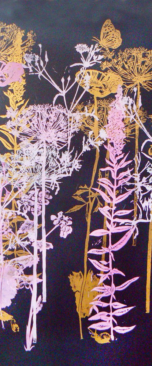Flora and fauna on black Russian paper by Carolynne Coulson