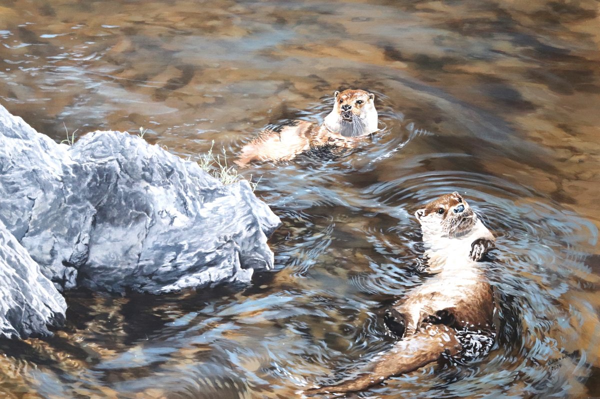 Photorealistic Animal Acrylic Painting By Julian Wheat, 40 X 28", Tech River Otters, Original Artwork