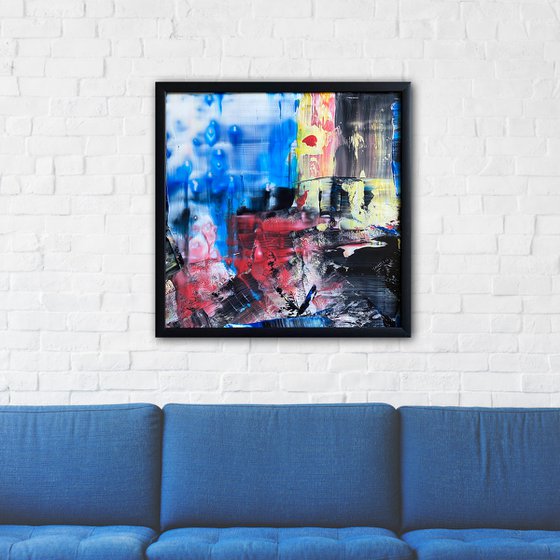 "Making A Mess Of Things" - Original PMS Abstract Acrylic Painting On Plexiglass, Framed - 26" x 26"