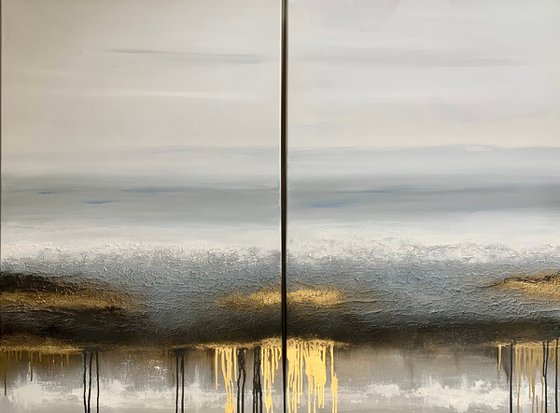 Large Grey And Gold Paintings Abstract Art - The Journey Diptych