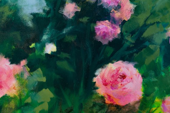 Pink roses in the garden - Impressionistic flower painting Modern floral Contemporary romantic LARGE SIZE UNSTRETCHED