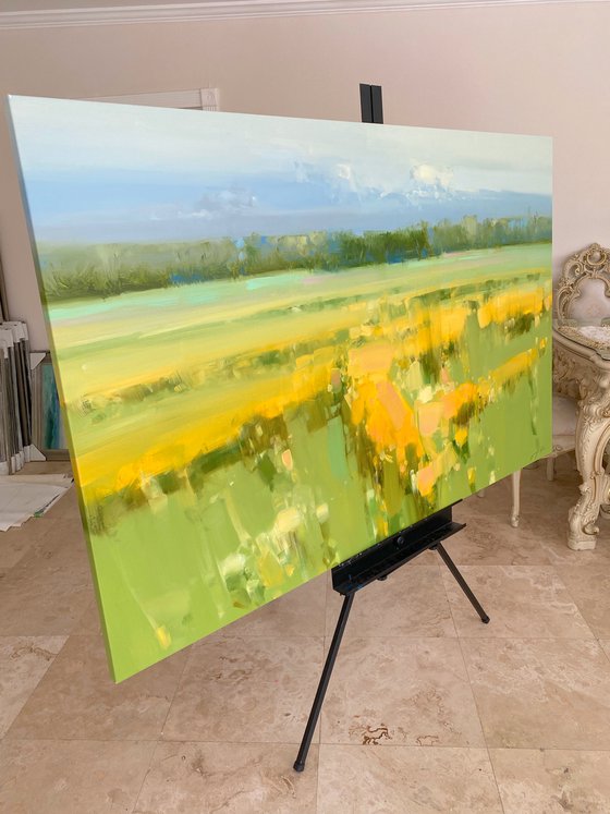 Yellow Valley, Landscape oil painting, Handmade artwork, Large Size