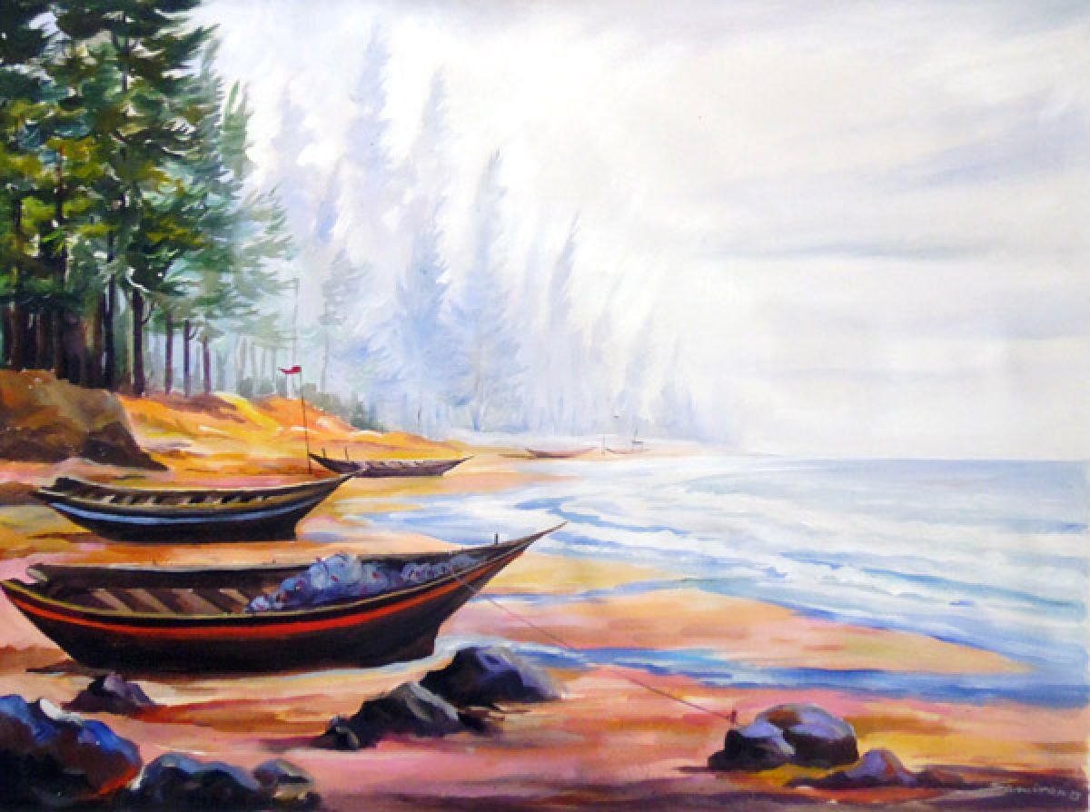 Fishing Boats at Seashore-Acrylic on canvas by Samiran Sarkar