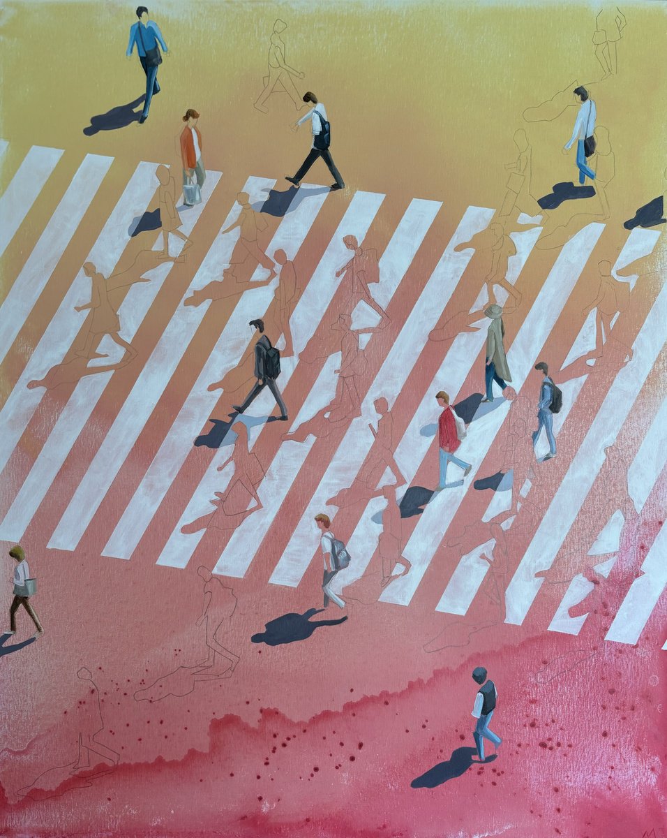 Urban And Pop Cityscapes Acrylic Painting By Martta Garcia, 32 X 39", Man With His Face Painted, Original Artwork