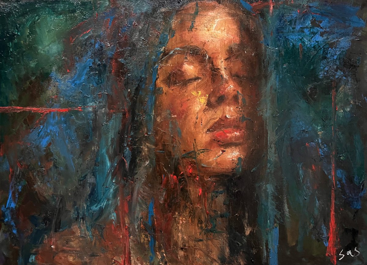 Expressive Portrait Oil Painting By Liubou Sas, 30 X 22", Thoughts In Motion, Original Artwork