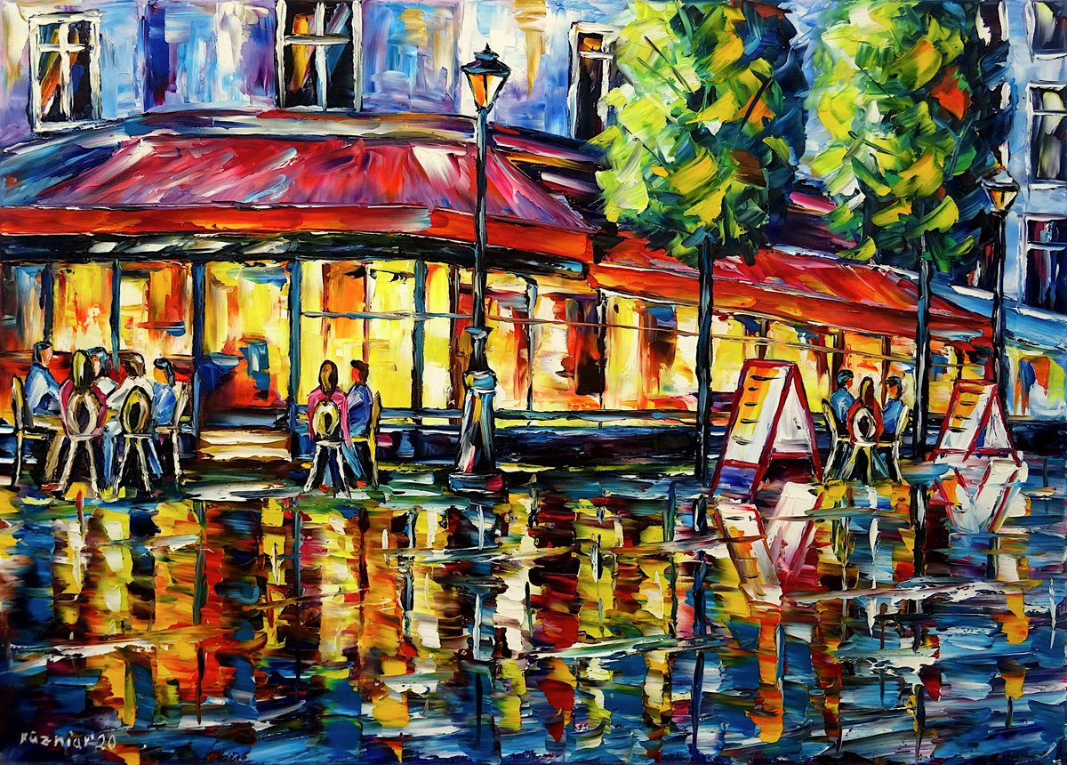Expressive Cityscapes Oil Painting By Mirek Kuzniar, 28 X 20", Paris In The Evening, Original Artwork