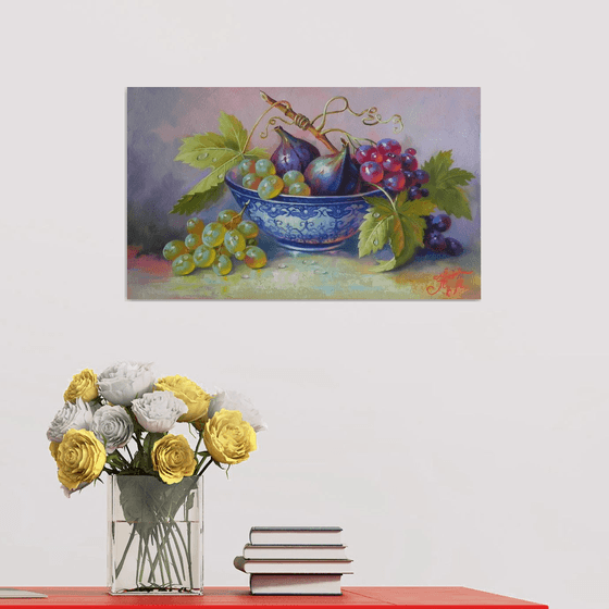 "Still life with fruit" OIL ON CANVAS ORIGINAL ART KITCHEN DECOR