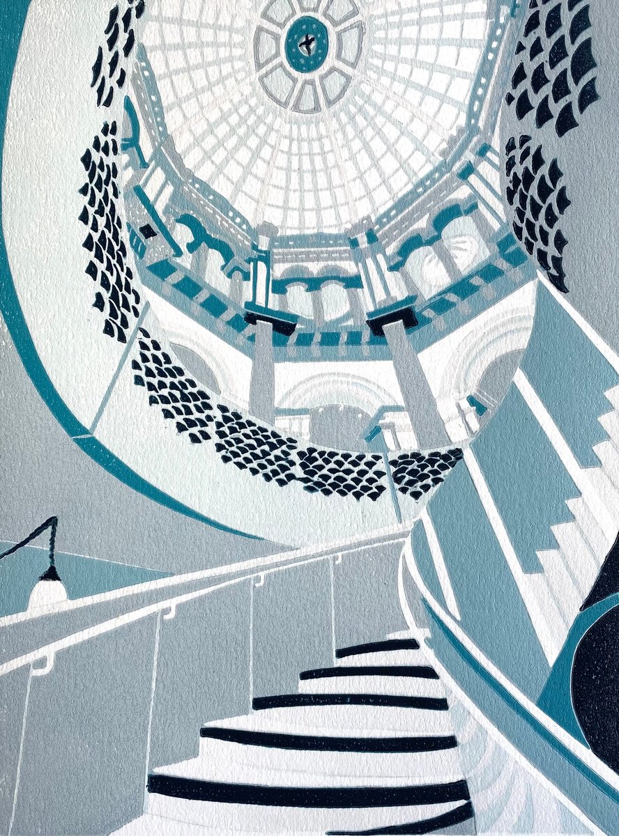 Illustrative Cityscapes Linocut By Nathalie Pymm Art, 8 X 11", Stairway At The Tate, Original Artwork