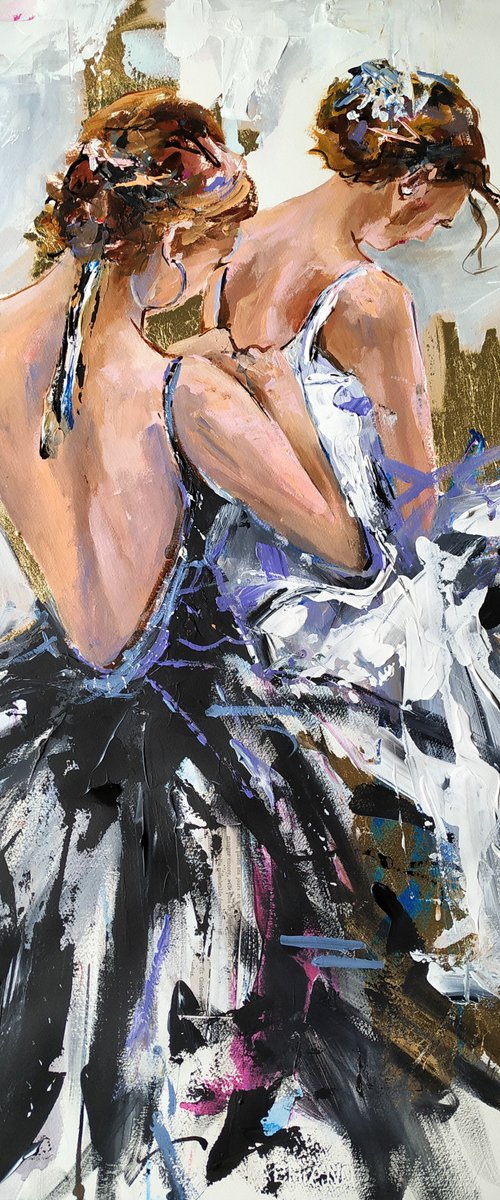 Black and White - Ballerina Mixed Media  Painting on Paper-Two Ballerinas by Antigoni Tziora