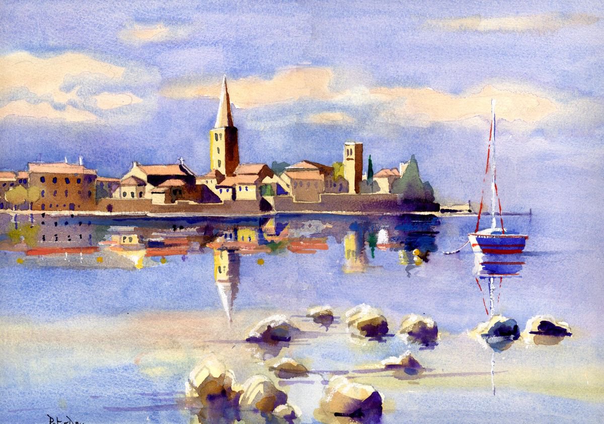 Impressionistic Landscape Watercolour By Peter Day, 19 X 14", Porec, Croatia, Original Artwork