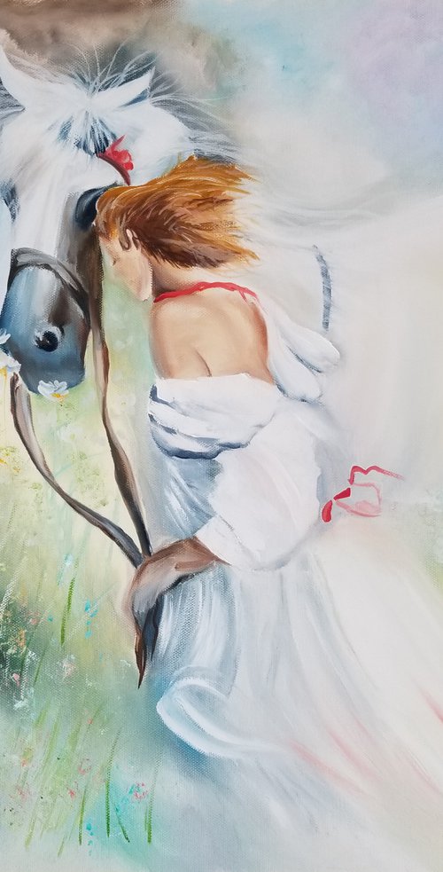 A Girl with a Horse. Mothers Day Gift. Gift for couple. Bedroom Decoration. Spectacular Oil Painting on Canvas. Gorgeous Summer Landscape. Home Decor. by Alexandra Tomorskaya/Caramel Art Gallery