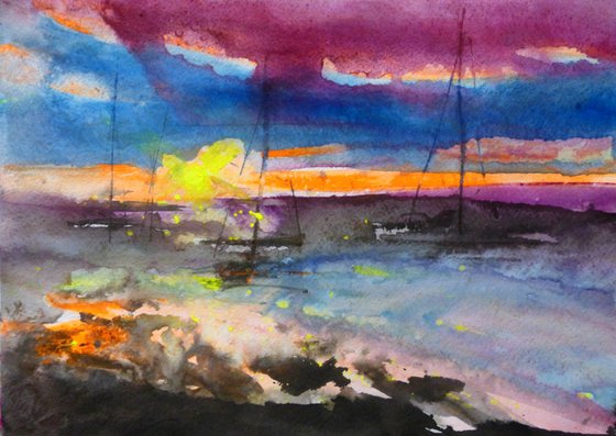 Sunset, watercolor painting 30x21 cm