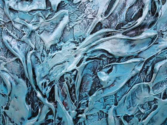 CORAL REEF. Large Abstract Blue Teal Silver Textured Painting 3D