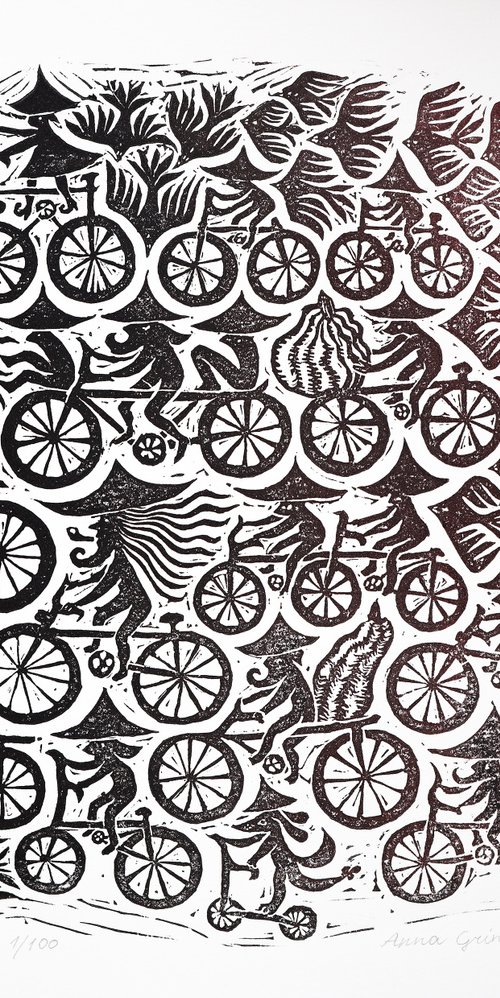 Bicycle Linocut print by Anna Grincuka