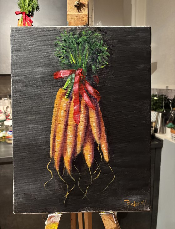 Still Life with Carrots and Red Ribbon