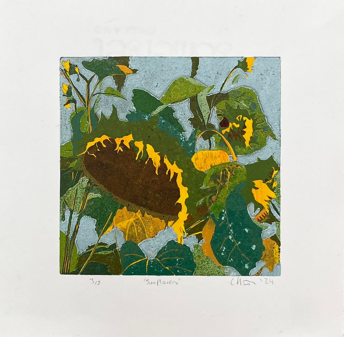Impressionistic Landscape Linocut By C Staunton, 6 X 6, Sunflowers Linocut Mini Print, Original Artwork