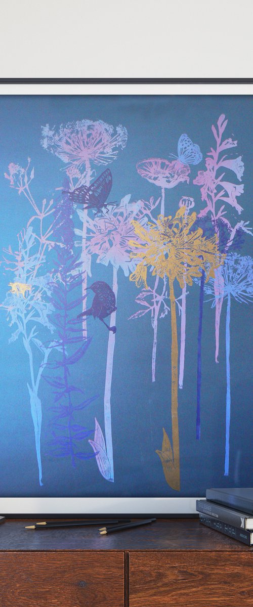 Flora and fauna  (#2) on Blue moon Fabriano card by Carolynne Coulson