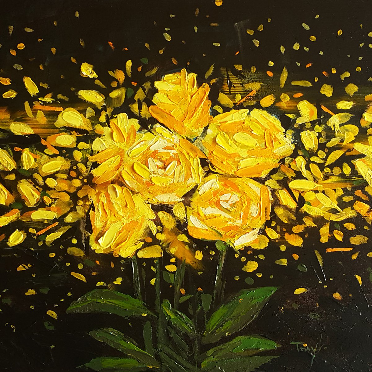 Impressionistic Botanical Acrylic Painting By Trayko Popov, 16 X 16", Flowers | Yellow Roses, Original Artwork