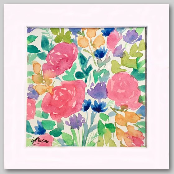 Roses - mounted watercolour, small gift idea