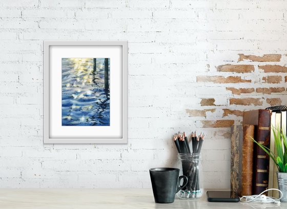 Reflections on the water. Original watercolor artwork.