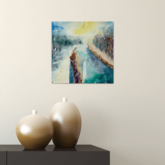 Winter Abstract Watercolor Painting, First Snow Original Painting, Christmas Wall Art, Cozy Home Gifts