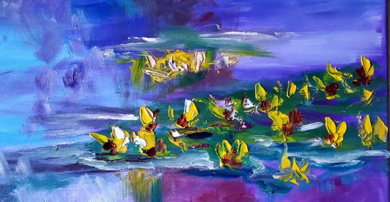 Water Lilies  92 x 76 x 2 cm inspired by Claude Monet  water reflections, purple, turquoise, blue sky