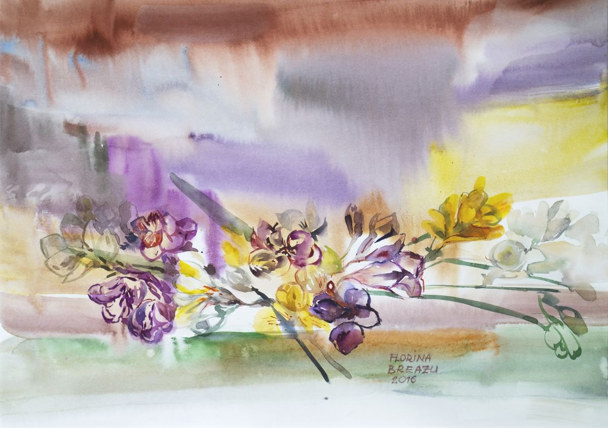 Expressive Botanical Watercolour By Florina Breazu, 22 X 17, Freesias V, Original Artwork