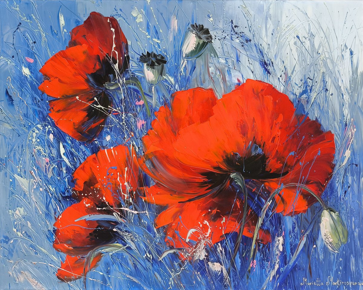 Impressionistic Botanical Oil Painting By Marieta Martirosyan, 39 X 31", Wild Poppies Serenade, Original Artwork