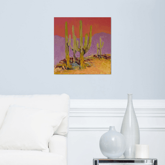 Saguaros Under a Coral Sky