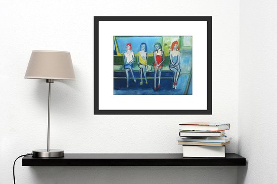 GIRLS FOURSOME CITY TRAVEL. Original Female Figurative Oil Painting. Varnished.