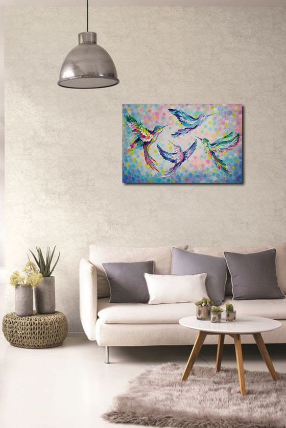 Weightlessness -  birds, love oil painting, birds in flight, birds oil painting, hummingbirds, love, animals oil painting, art bird, impressionism, palette knife, gift.