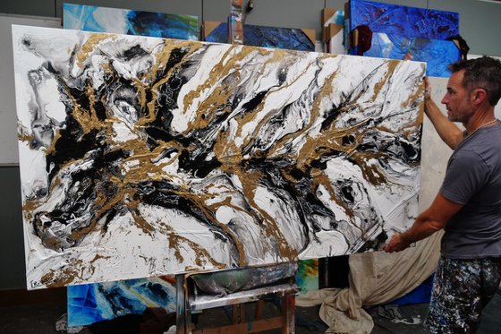 Glitz 190cm x 100cm Black White Gold Textured Abstract Art