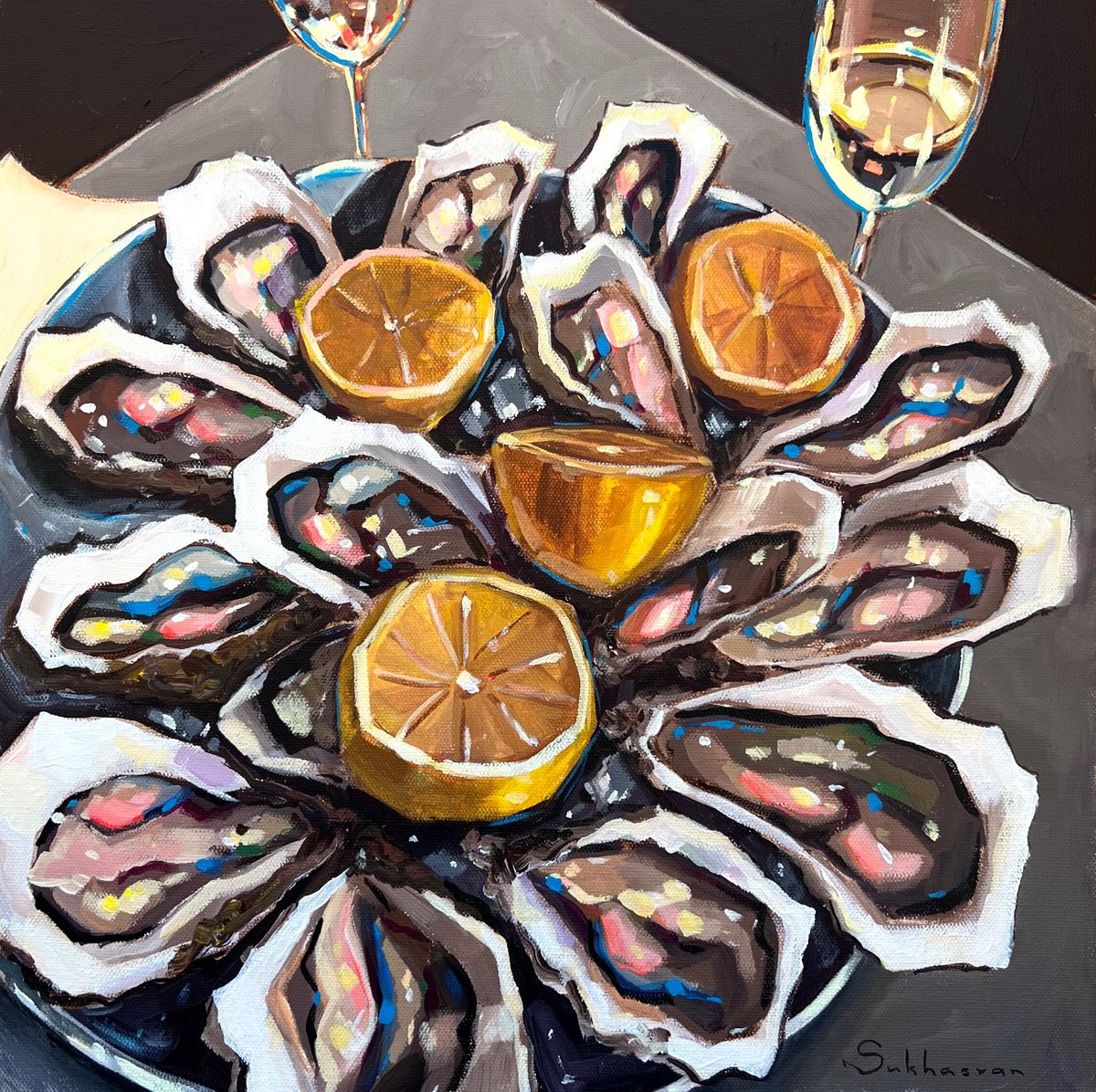 Still Life with Oysters, Wine and Lemons by Victoria Sukhasyan