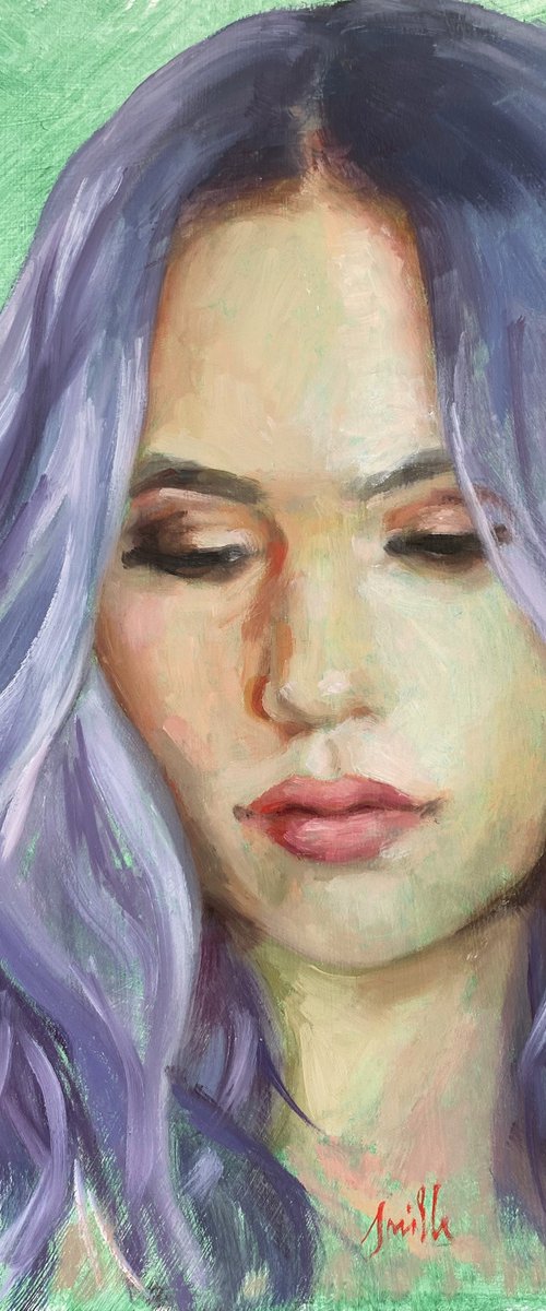 Contemporary portrait of a young woman, purple on green. by Jackie Smith