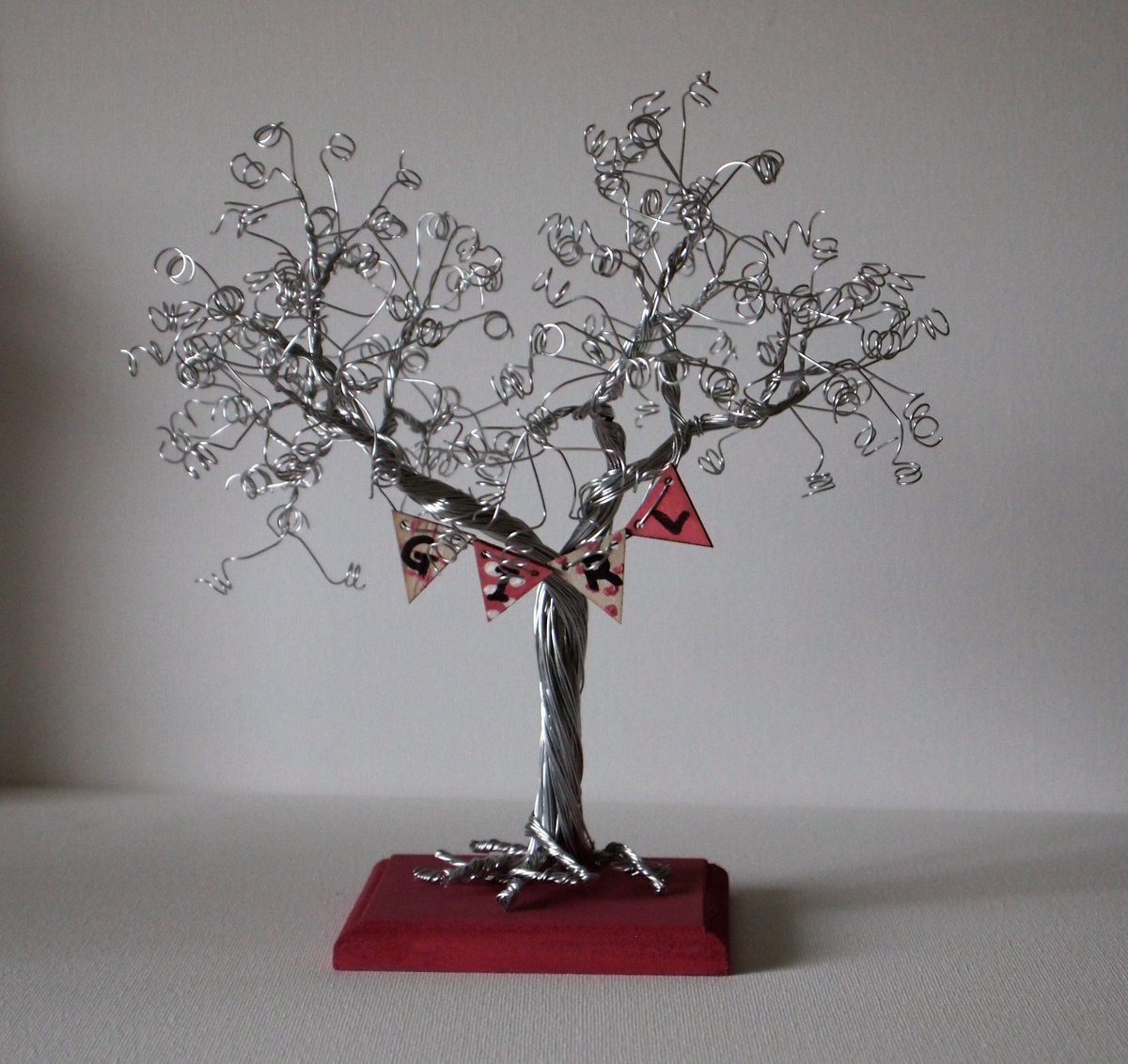 Silver Wire Tree Sculpture with new baby GIRL bunting. by Steph Morgan