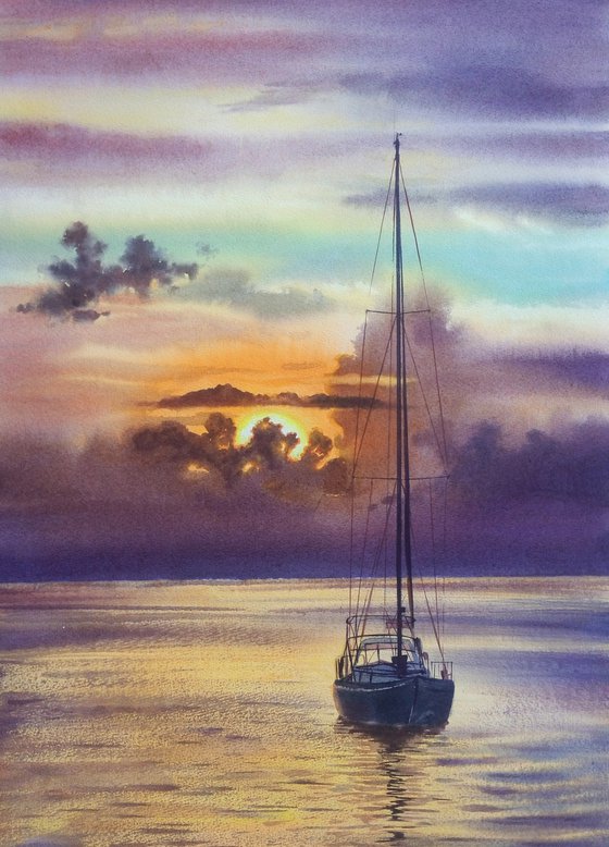 Sailboat - Yacht Art  - seascape - sea and sky - yacht -  sunset