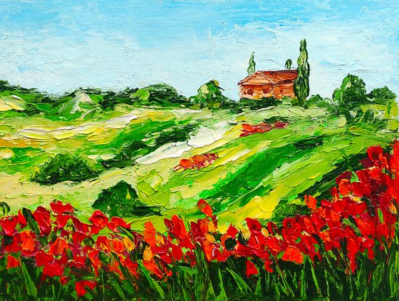 Tuscany Painting Poppy Original Art Landscape Oil Painting Impasto Small Artwork Meadow Wall Art