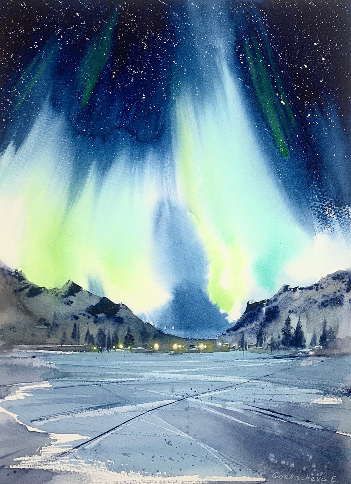 Aurora Borealis: Letting go and conquering the water in watercolor