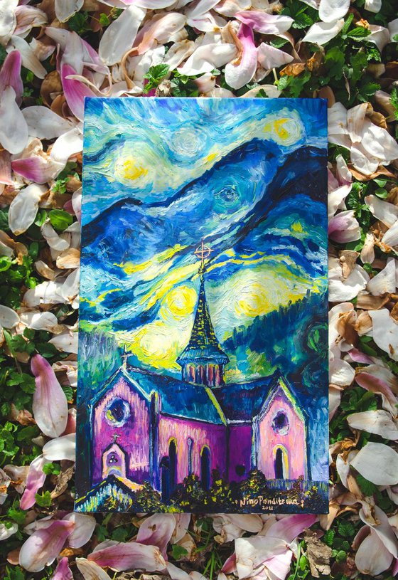 Pink church in Swiss Alps - original impressionistic oil painting
