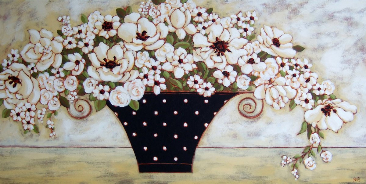 Impressionistic Botanical Acrylic Painting By Karen Rieger, 48 X 24", White Poppies, Original Artwork