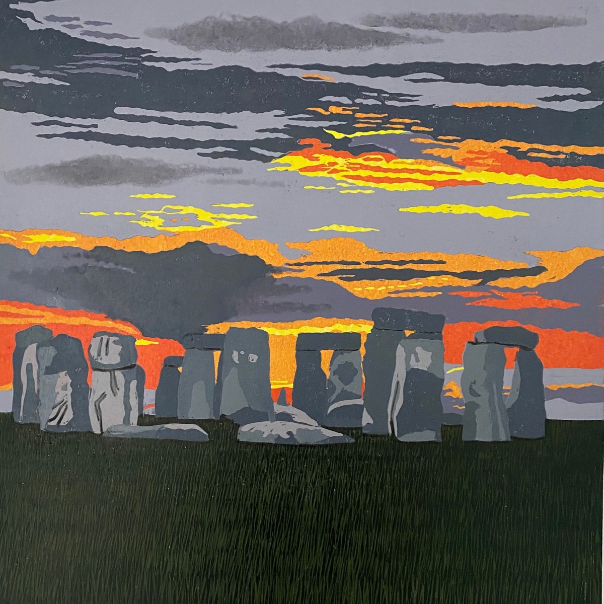 Impressionistic Landscape Linocut By Joanne Spencer, 12 X 12, Stonehenge Sunrise, Original Artwork