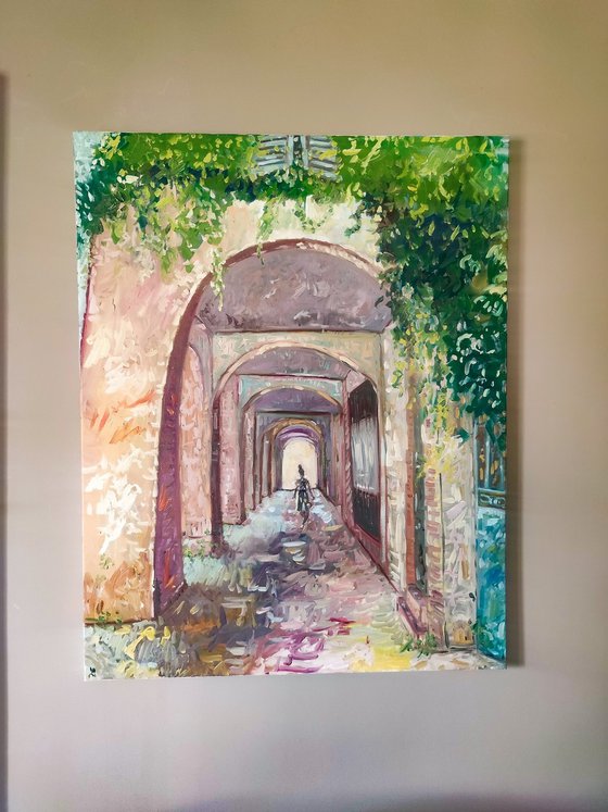 Impressionist urban scene 'Shopping under the arcades'