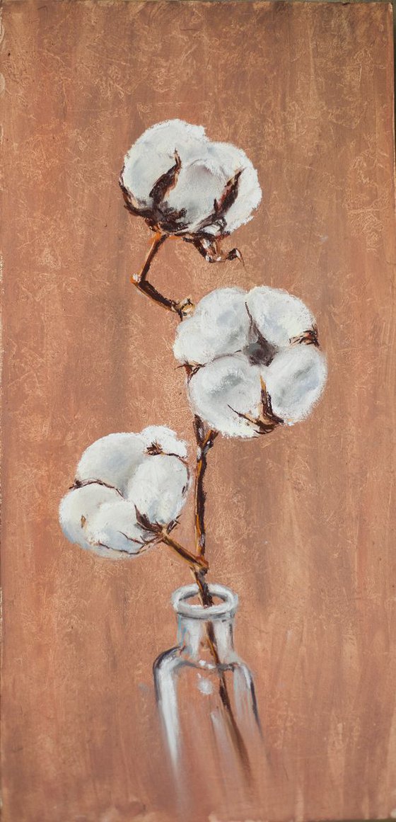 Cotton flower. Small original dry pastel painting. Natural colors vertical impressionism