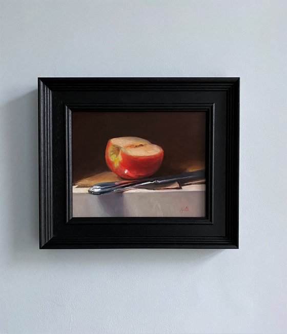 Apple Half, with Silver Knife; Framed & ready to hang home decor gift oil painting.