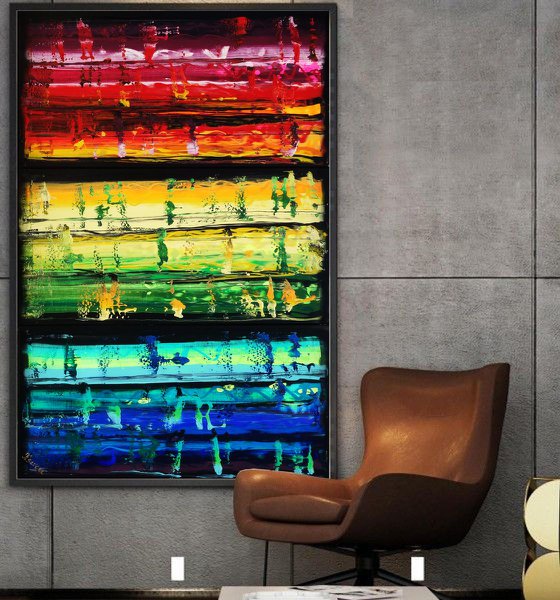 Rainbow A352 Large abstract paintings Palette knife 100x150x2 cm set of 3 original abstract acrylic paintings on stretched canvas