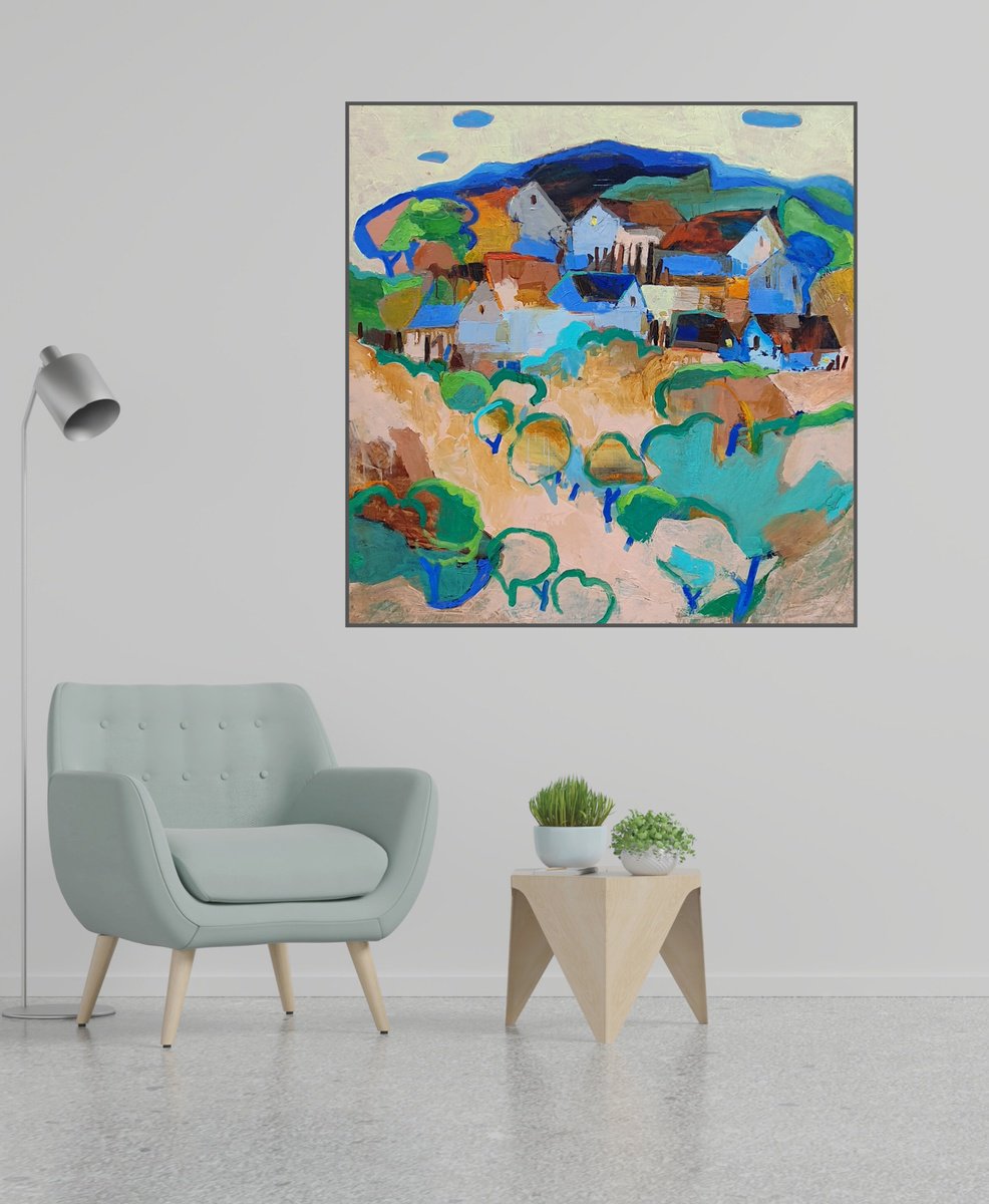 Expressive Cityscapes Oil Painting By Victoria Cozmolici, 39 X 39", Edge Of The Village, Original Artwork