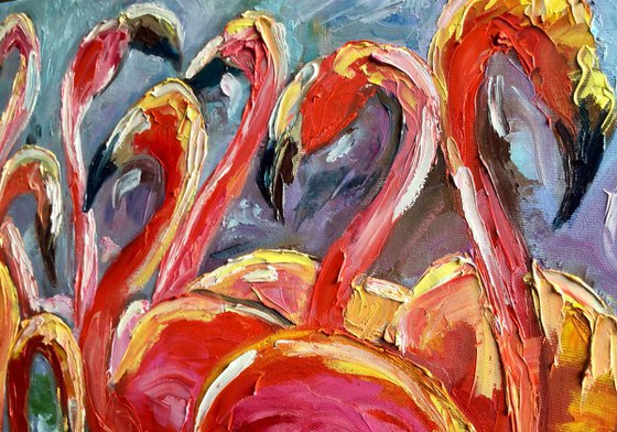 ORANGE FLAMINGOS. PAlLETTE KNIFE painting .