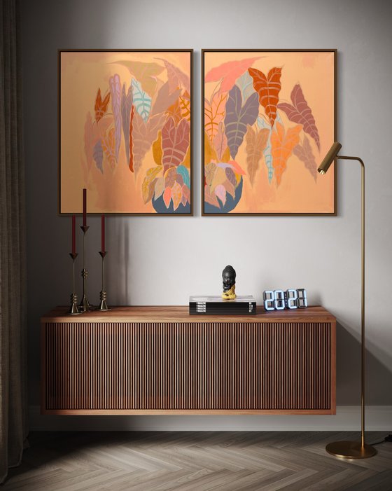 ‘Burnt Coral Alocasia and Begonia’ diptych
